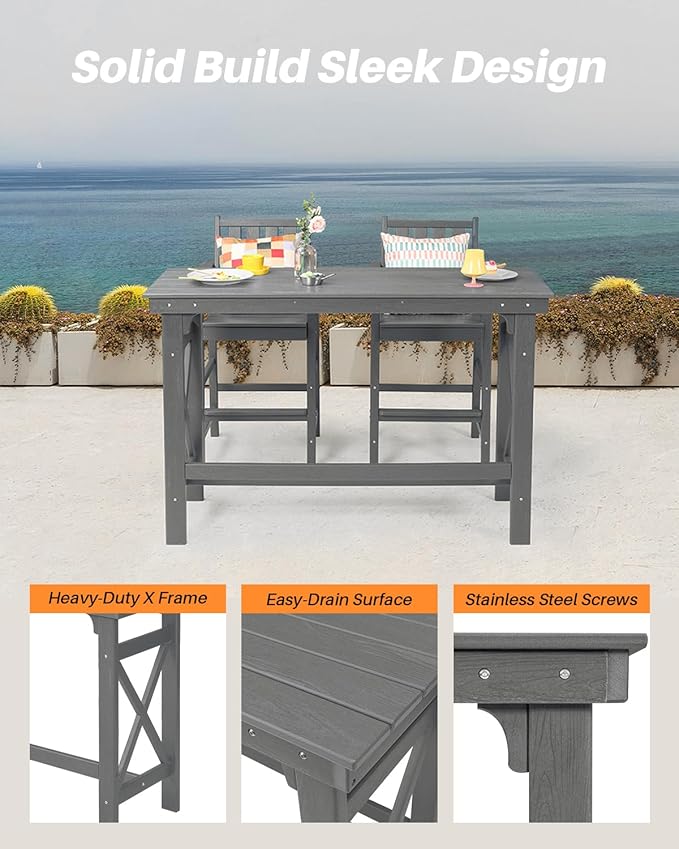 3 Pieces HDPE Outdoor Patio Bar Set, Rectangular Bar Height Table and Chairs Set, Patio Bar Stools Set, HDPE Outdoor Bar Table and Chairs Set for Balcony, Poolside, Porch, Smoke Gray