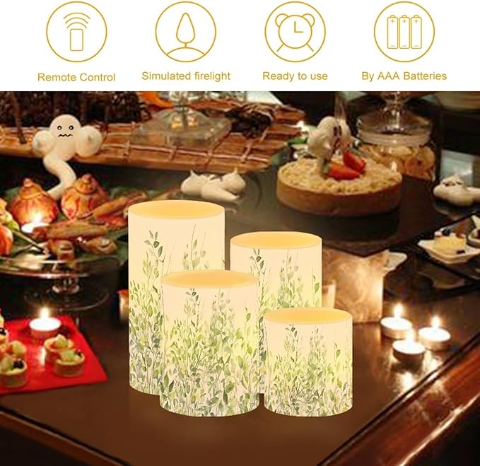 Flameless Light Candles 4 Pack Battery Operated with Color Changing Timer Remote Control Fake Pillar Candles Tealights Beach Wedding Home Indoor Decor, Leaf Green White