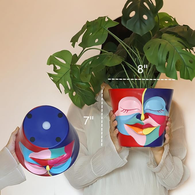 GUGUGO 8 Inch Planter Abstract Rainbow Face Pots for Plants, Unique Head Planters Pots with Drainage, Cute Eclectic Flower Pots for Garden, Colorful Funny Room Decor (Mainly Green)