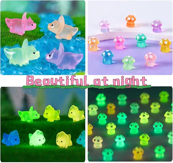 148Pcs Luminous Mini Resin Animals, Tiny Ducks Glow in The Dark Dolphins Dinosaurs Mushrooms 4 Combination Resin Set, Miniature Figures for Garden Decoration Aquarium Home Party Decor