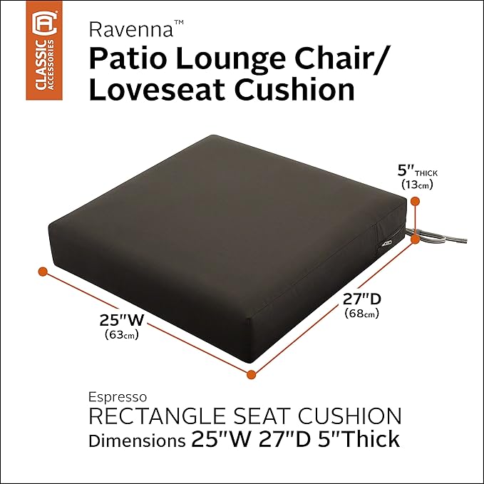 Classic Accessories Ravenna Water-Resistant Patio Lounge Chair/Loveseat Cushion, 25 x 27 x 5 Inch, Espresso