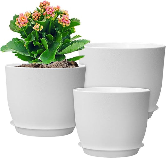 10/9/8 inch Medium Flower Pots, 3 Pack Modern Decorative Plastic Planters with Drainage Holes and Tray, Plant Pots for Indoor Outdoor Plants, White