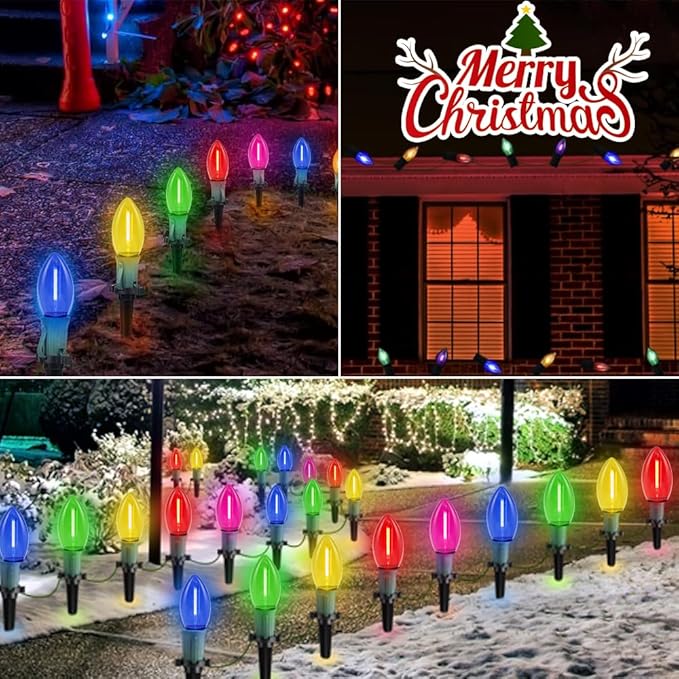 C9 LED Christmas Pathway Lights, 38FT Multi-Color Christmas Pathway String Lights with 25 Multi-Color LED Light Bulbs and Stakes for Outdoor Walkway Driveway Backyard Christmas Decorations