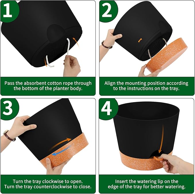 GARDIFE 12 inch Plant Pots, planters,Self Watering Pots, 2 Pack Large Plastic Flower pots with Deep Reservior and High Drainage Holes for Indoor Outdoor Plants and Flowers, Black