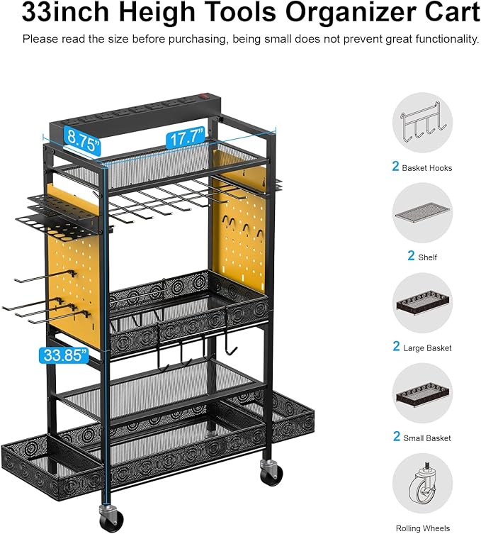 CCCEI Garage Power Tools Organizer Cart with Charging Station, Yellow Floor Standing Rolling Drill and Tools Battery Storage Cart on Wheels. Utility Rack Gift for Men, Husband, Father.