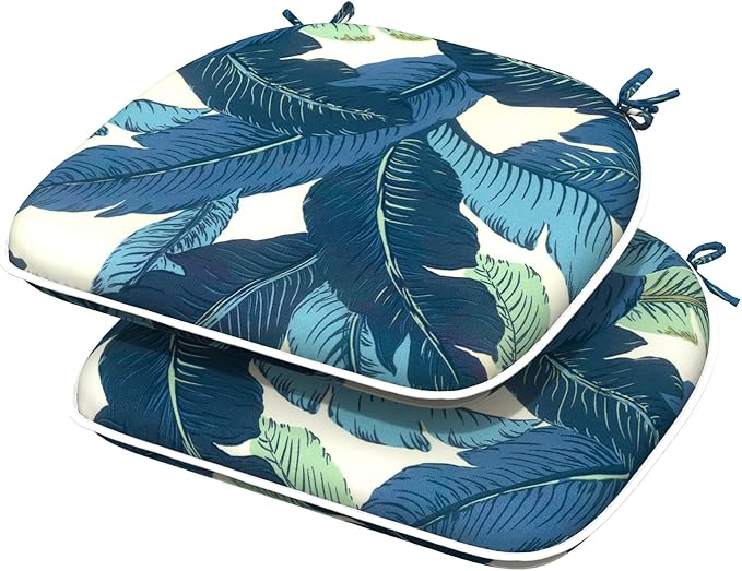 Indoor/Outdoor Chair Cushions 16x17 Inch, Patio Chair Cushions with Ties, All Weather Seat Cushions for Patio Furniture Home Garden Chair Use, Set of 2, Swaying Palms Blue