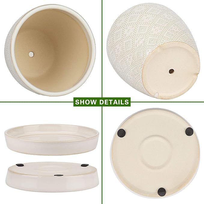 Docrin Ceramic Plant Pots Indoor: 6.6 + 5.5 Inch Planters with Drainage Holes and Saucer for Home/Office - Set of 2 /White