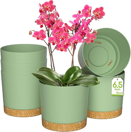 ZMTECH Plant Pots, Set of 6 6.5'' Self Watering Plastic Planter with Drainage Hole and Saucer,Modern Decorative Flower Pot for Indoor Outdoor House Plants, Succulents, Flowers - Green