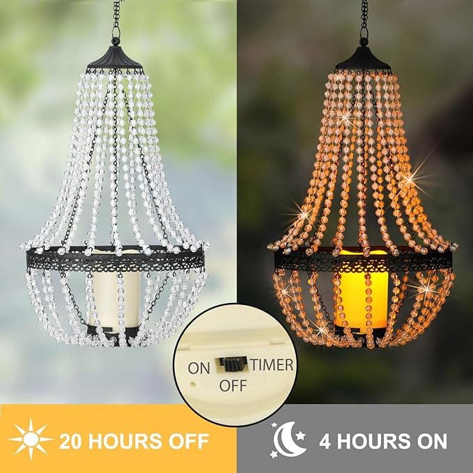 Hanging Candle Chandelier Outdoor, Battery Operated Clear Acrylic Beaded Chandelier with Flickering Led Candle Light S Hooks Modern Lantern for Garden Yard Patio Gazebo Room Indoor Decorations, 27”H