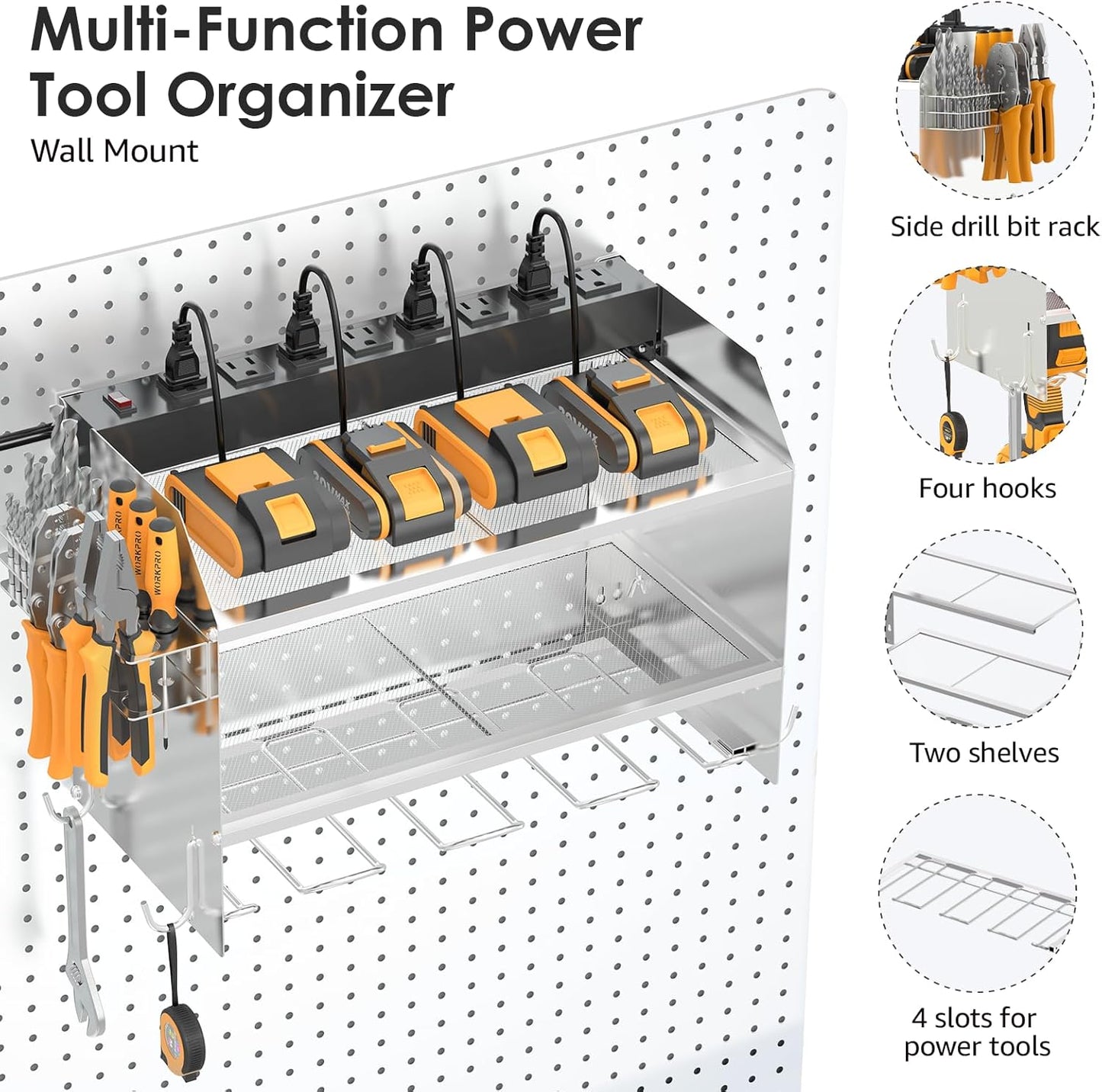 CCCEI Modular Power Tool Organizer Wall Mount with Charging Station. Garage 4 Drill Storage Shelf with Hooks, Drill Bit Heavy Duty Rack, Silver Tool Battery Holder Built in 8 Outlet Power Strip.