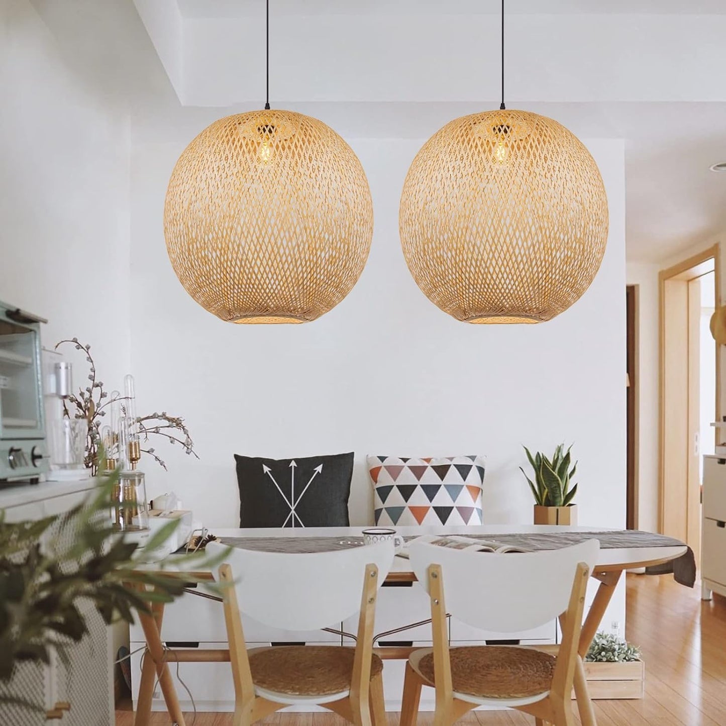 Arturesthome Natural Bamboo Pendant Lamp, Round Hanging Ceiling Light Wicker Chandelier, Hand-Woven Boho Basket Lampshade for Kitchen Island Living Room