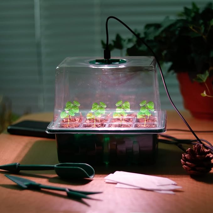 Seed Starter Tray with Grow Light, Seed Starter Kit, Plant Germination Starting Trays with Humidity Dome and Base for Greenhouse Grow Wheatgrass Hydroponic(12 Cells per Tray)(with Grow Lights)