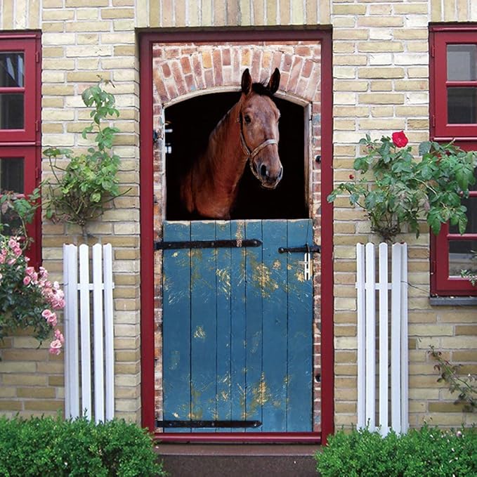 3D Horse Door Stickers - Peel & Stick - Waterproof & Washable - Rustic Brown Animal Print - Matte Finish - Door & Wall - 37.4" x 84.6"