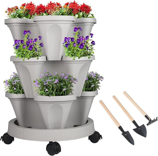 Vertical Planter 3 Tier Stackable Planters Garden Planters Strawberry Herb Flower and Vegetable Planter Indoor Outdoor Gardening Pots with Removable Wheels and Tools