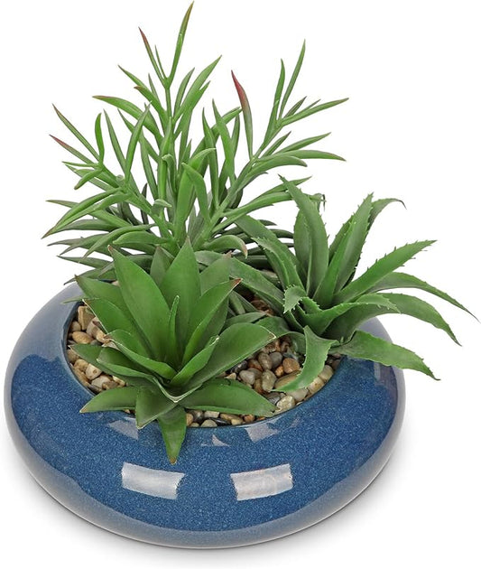 Hollyone Large Artificial Succulents Plants with Blue Vase Faux Succulents Fake Succulent Potted Plant in Ceramic Pot for Home Decor Office Desk Bathroom Living Room Indoor & Outdoor Decorations