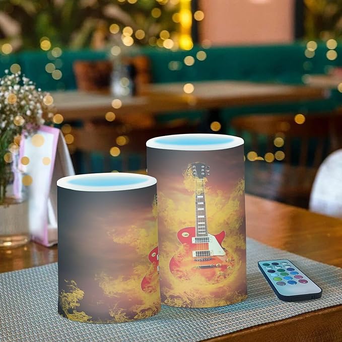 Flickering Flameless Candles, Rock Guitar in Fire Flames LED Candles with Remote Timer, Set of 2 Battery Operated Candle for Valentine Wedding Birthday
