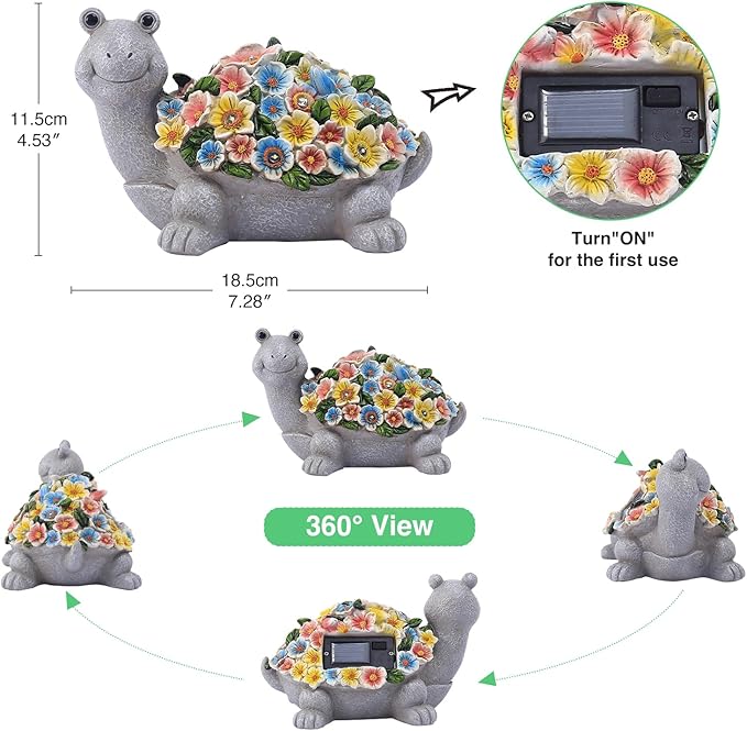 Garden Turtle Statue with Succulent Flowers & Solar LED Lights - Perfect Outdoor & Home Decor Gifts, Turtle Gifts for Women, Mom, Birthdays (Turtle)