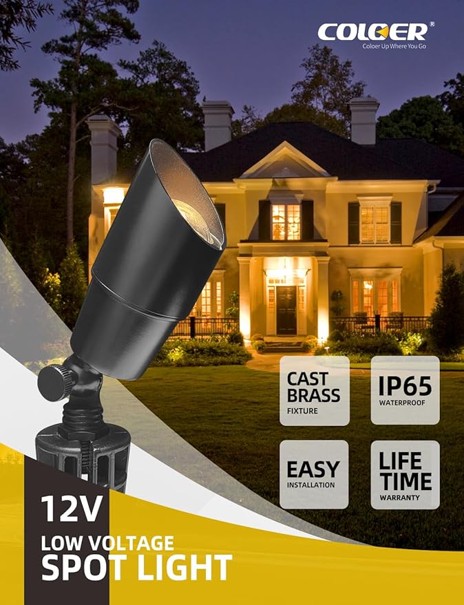 COLOER Brass Low Voltage Landscape Spotlight Fixture(Black) 6-Pack Without Bulb,12V AC/DC Outdoor Spot Lights for Yard, Directional Garden Patio Spot Up Light(101B-Black)