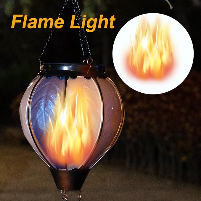 pearlstar Hot Air Balloon Solar Lantern with Flickering Flame Light Outdoor Solar Hanging Lights Waterproof for Garden Yard Farmhouse Outside Decoration,Stained Glass Blue and White