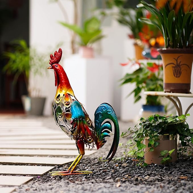 19 Inch Solar Rooster Statue Lights, Metal Yard Art Solar Rooster, Large Rooster Statue Colorful Lights for Garden Lawn Outdoor Decoration Gifts.