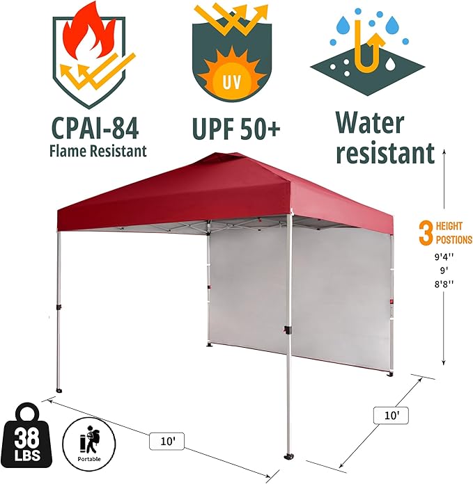 CROWN SHADES 10x10 Pop Up Canopy with 1 Side Wall - Beach Tent with One Push Setup - Outdoor Sun Shade for Events, Parties, Camping - Gazebo with STO-N-Go Cover Bag (Red)