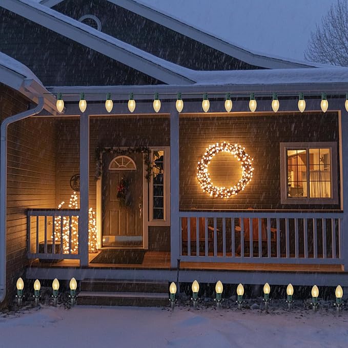 C9 Christmas Pathway String Lights, 38Ft Clear Pathway String Lights Outdoor with 25 Clear Bulbs and Stakes, Waterproof Walkway Lights for Outside Driveway Sidewalk Outdoor Christmas Decorations