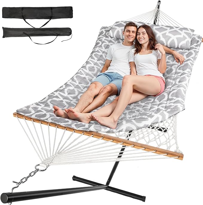 2 Person Outdoor Hammock with Stand, Cotton Rope Hammock with Polyester Pad, Adjustable Steel Frame, Portable with Carrying Bag – for Patio, Backyard, Garden, Beach, White-Gray