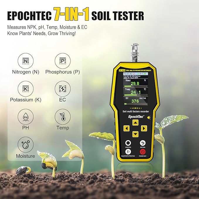 7 in 1 Soil Tester, ±1% High Precision Digital NPK Tester/Soil Moisture Meter/PH Tester/Temperature/EC Monitor for Agriculture, Plant Cultivation, Geological Survey with Data Storage & Export