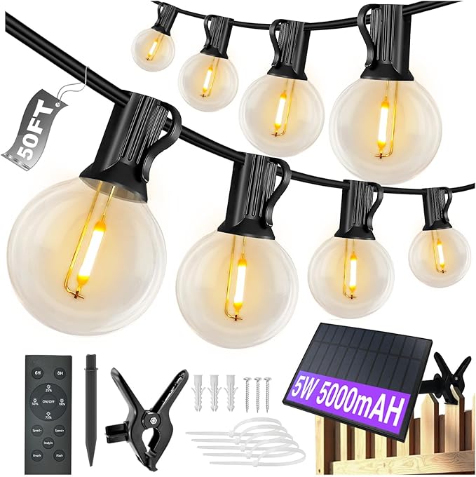 DAYBETTER 50FT Solar String Lights Outdoor Waterproof with 5W Panel Long Last for 20+Hrs&Remote,25 LED Bulbs Dimmable&Timer,Patio Lights 3 Installation-Clips,Stakes&Nails for Outside Porch Garden