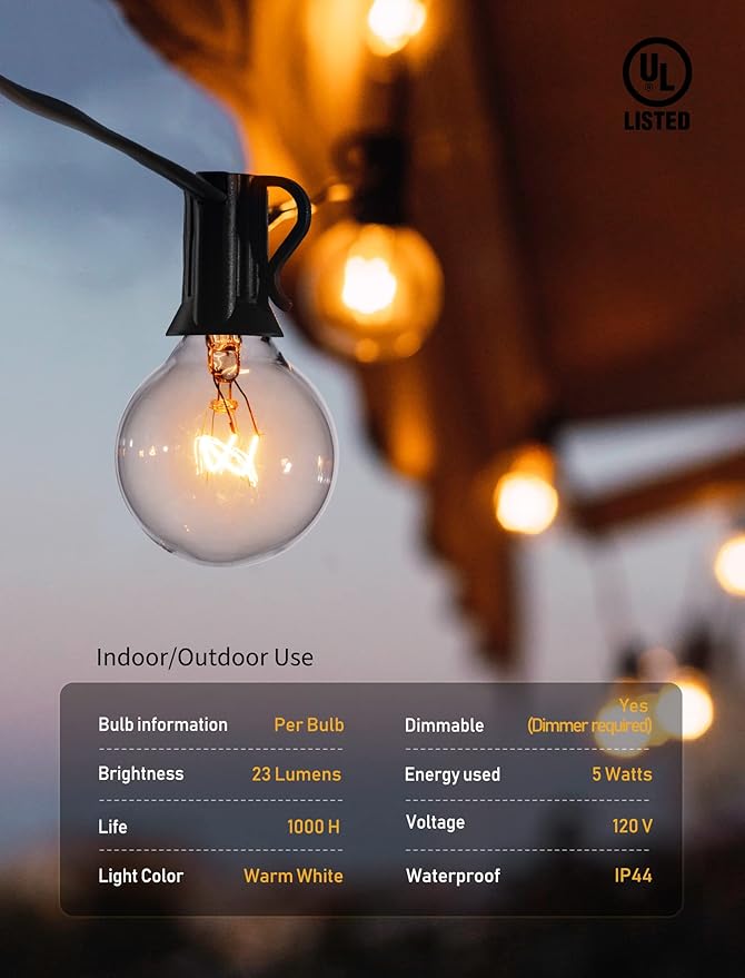 Brightown Outdoor String Lights, 100 Ft Globe Patio Lights with 104 Edison Glass Bulbs(4 Spare), UL Listed Hanging Outside Lights for Backyard Balcony Party Decor, E12, Not Connectable