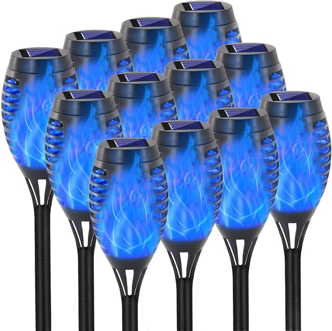 EOYIZW Solar Lights Outdoor, 12 Pack Blue Solar Torch Light with Flickering Flame, 12 LED Tiki Torches for Outside Lights Waterproof Landscape Easter Decoration Outdoor for Garden Yard