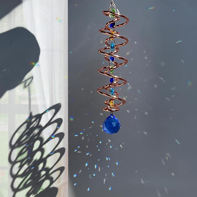 FONMY Gazing Ball Spiral Tail -Decorative Wind Spinner Sun Catcher Rainbow Maker Copper Double-Spiral W/Sea Blue Crystal Ball and Chain Crystals Beads for Indoor Outdoor Garden Decoration -14 inch H