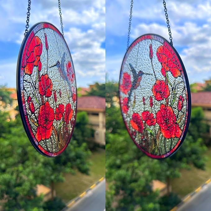 7.8'' Hummingbird Suncatcher Stained Glass Suncatchers - Originally Designed Hummingbird Red Poppies Ornament for Sun Catcher Indoor Window | Gifts for Hummingbird Lovers Painted Glass Panel Decor