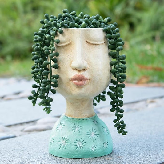 DiliComing Head Planter Face Planter Pots - 8 Inch Indoor Flower Planter Outdoor Planter Succulent Pot Girl Resin Planter with Drainage Hole Planters for Indoor Plants