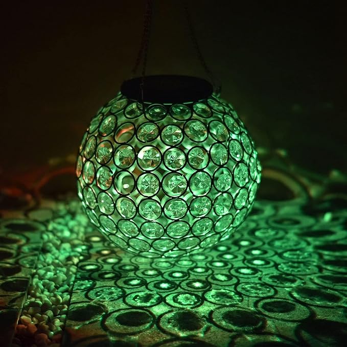 Solar Lantern Hanging Outdoor Christmas Decorative, Dual LEDs Dia 7.5‘’ Color Changing and Cool White Crystal Globe Hanging Lights Waterproof with S Hooks Decor in Garden, Pathway, Front Door-Clear