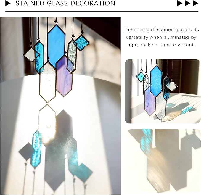 HDCRYSTALGIFTS Stained Glass Window Hanging Suncatchers - 7 Pieces Handcrafted Element Earth Tones Set,Modern Blue Wall Art Sun Catchers Indoor Window Glass Decor Gifts for Mom,Grandma