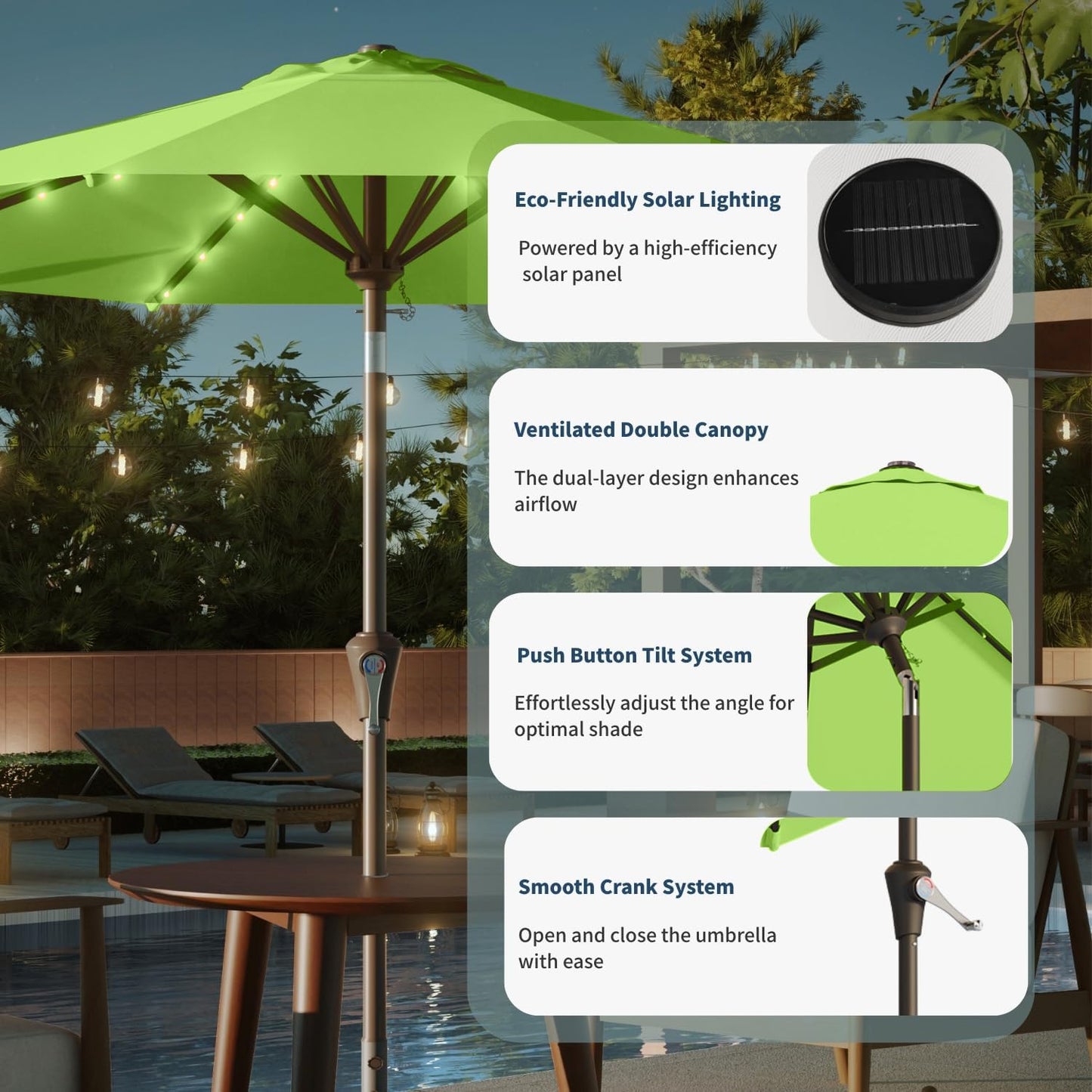 9FT Solar Umbrella 32 LED Lighted Patio Umbrella Table Market Umbrella w/Tilt and Crank, UV-Resistant Outdoor Umbrella for Pool, Garden, Deck, Apple Green