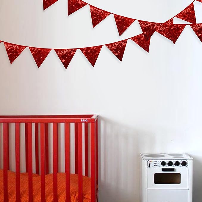 Pinkblume Red Decorations Double Sided Sequin Fabric Triangle Pennant Banner Flag Bunting Garland for Theme Nursery Classroom Home Bedroom Wall Valentines Day Holiday Christmas Decor