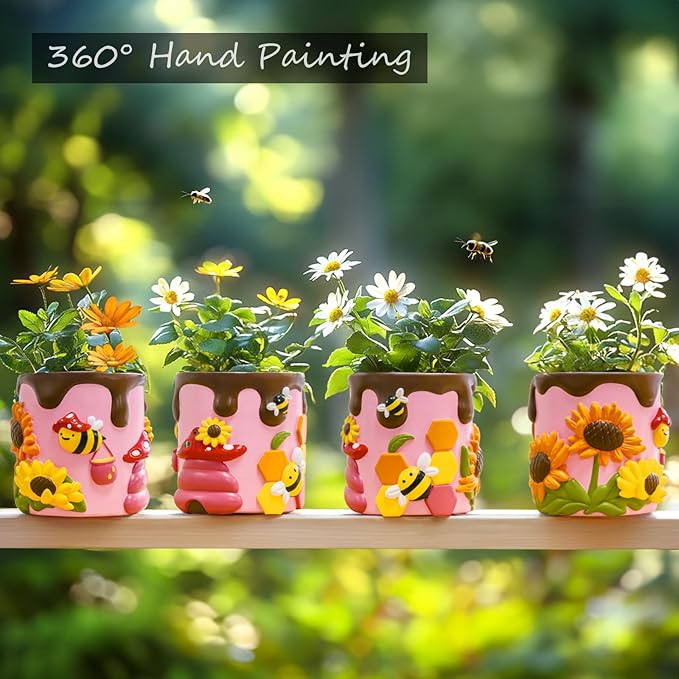 GUGUGO Colorful Bees and Sunflowers Plant Pots, Cute Unique Succulent Planters with Drainage, Rainbow Small Mushrooms Flower Planters Pots for Indoor Plants, Funny Eclectic Home Decor, Dark Green