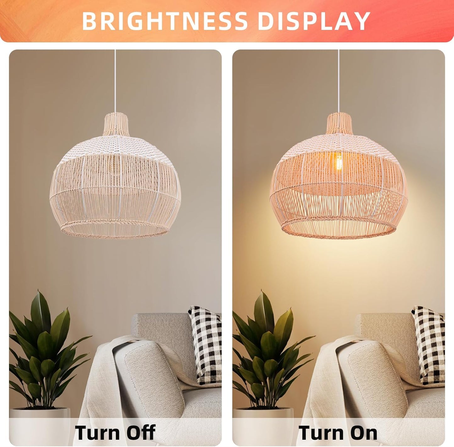 Arturesthome White Handwoven Rattan Boho Pendant Lighting Fixtures, Wicker Hanging Ceiling Light Chandelier, Handmade Woven Basket Lampshade for Kitchen Island