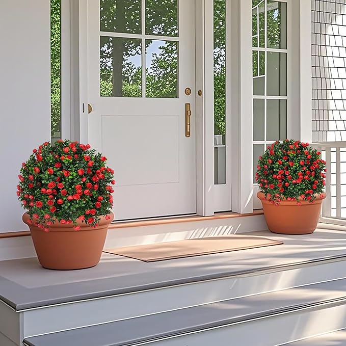 Artificial Boxwood Topiary Tree with Rose, Set of 2 Artificial Shrub Bushes with Ground Spike, Fake Evergreen Tree for Porch, Artificial Plants for Outdoor Planters Indoor UV Resistant