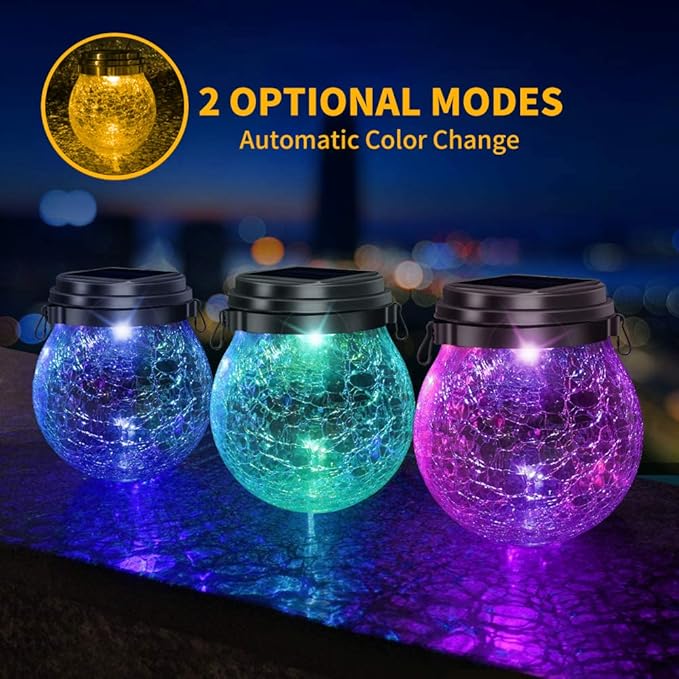 DBF Solar Lanterns Outdoor Waterproof, 2 Pack Hanging Solar Lights Outdoor, LED Cracked Glass Ball Globe Lantern Garden Decor for Patio Backyard Pathway Tree Porch Fence Events (Amber Warm & RGB)