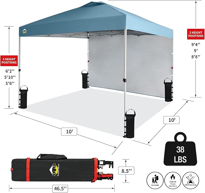 CROWN SHADES 10x10 Pop Up Canopy with 1 Side Wall - Beach Tent with One Push Setup - Outdoor Sun Shade for Events, Parties, Camping - Gazebo with STO-N-Go Cover Bag (Cyan Blue)