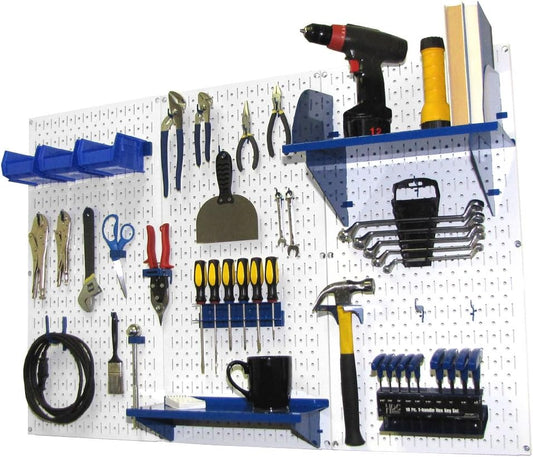 Wall Control Pegboard Organizer 4 ft. Metal Pegboard Standard Tool Storage Kit with White Toolboard and Blue Accessories