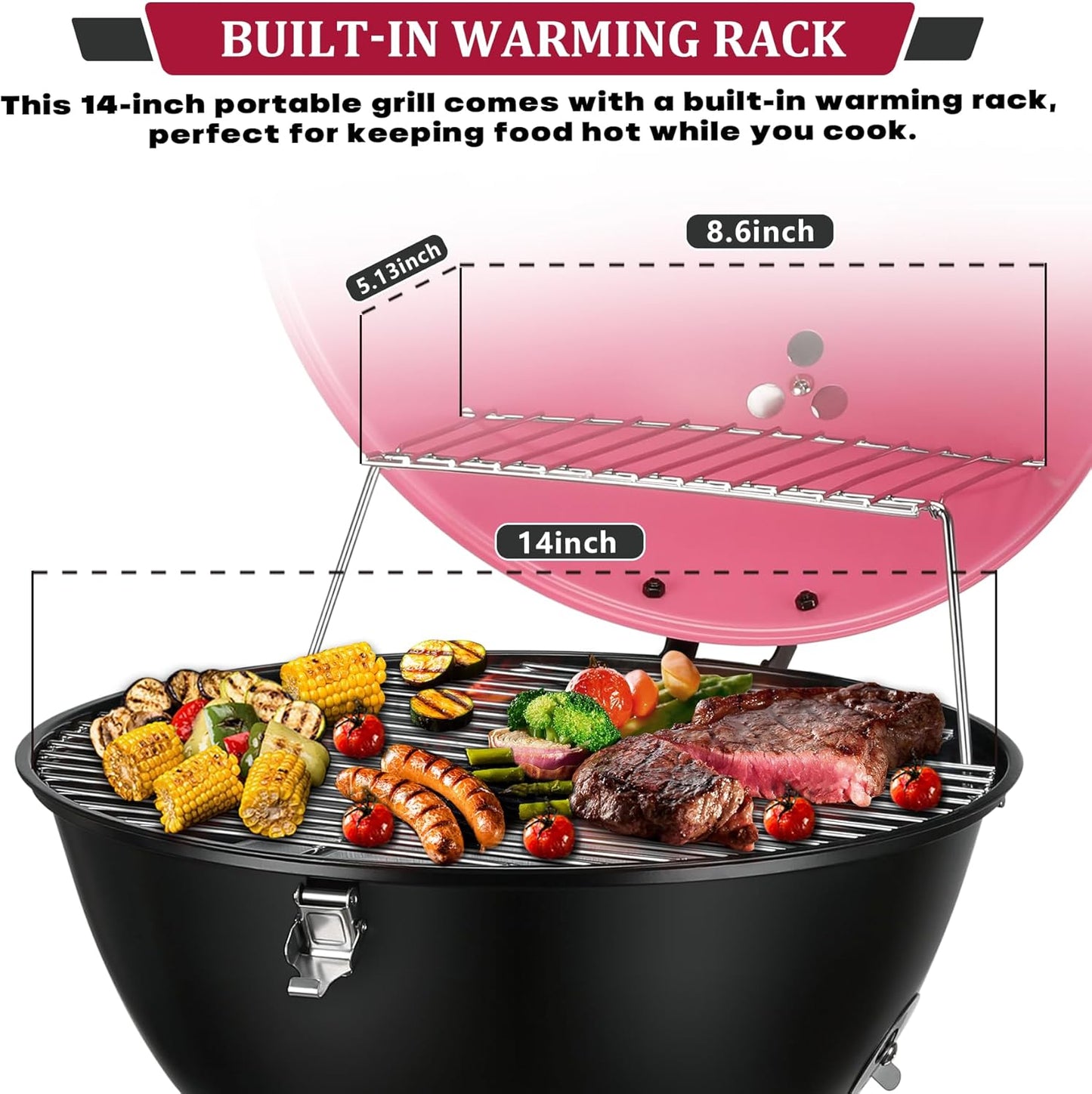 14inch Portable Charcoal Grill with Warming Rack, Small bbq Charcoal Grill Tabletop Foldable Grills for Backyard, Camping, Pink