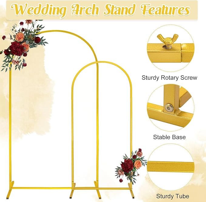 Gold Metal Arch Backdrop Stand 2 Set 7.2FT, 6FT Wedding Arch Stand Arched Door Frame for Birthday Party Baby Shower Ceremony Indoor Outdoor Celebration Decor (7.2FT, 6FT)