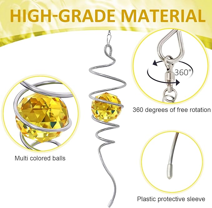 Gazing Ball Spiral Tail, Wind Spinner Stabilizer, Sun Catcher Metal Decor with Golden Crystal Glass Ball & Swivel Hook, Indoor Outdoor Decoration Garden Art Ornament Decorative Gifts 13 inch