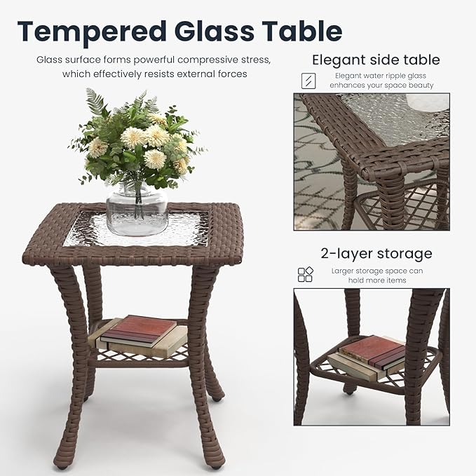 5 Pieces Outdoor Patio Furniture Sets with Rocking Swivel Chairs with 6-inch Thick Cushion and Side Table for Deck Lawn