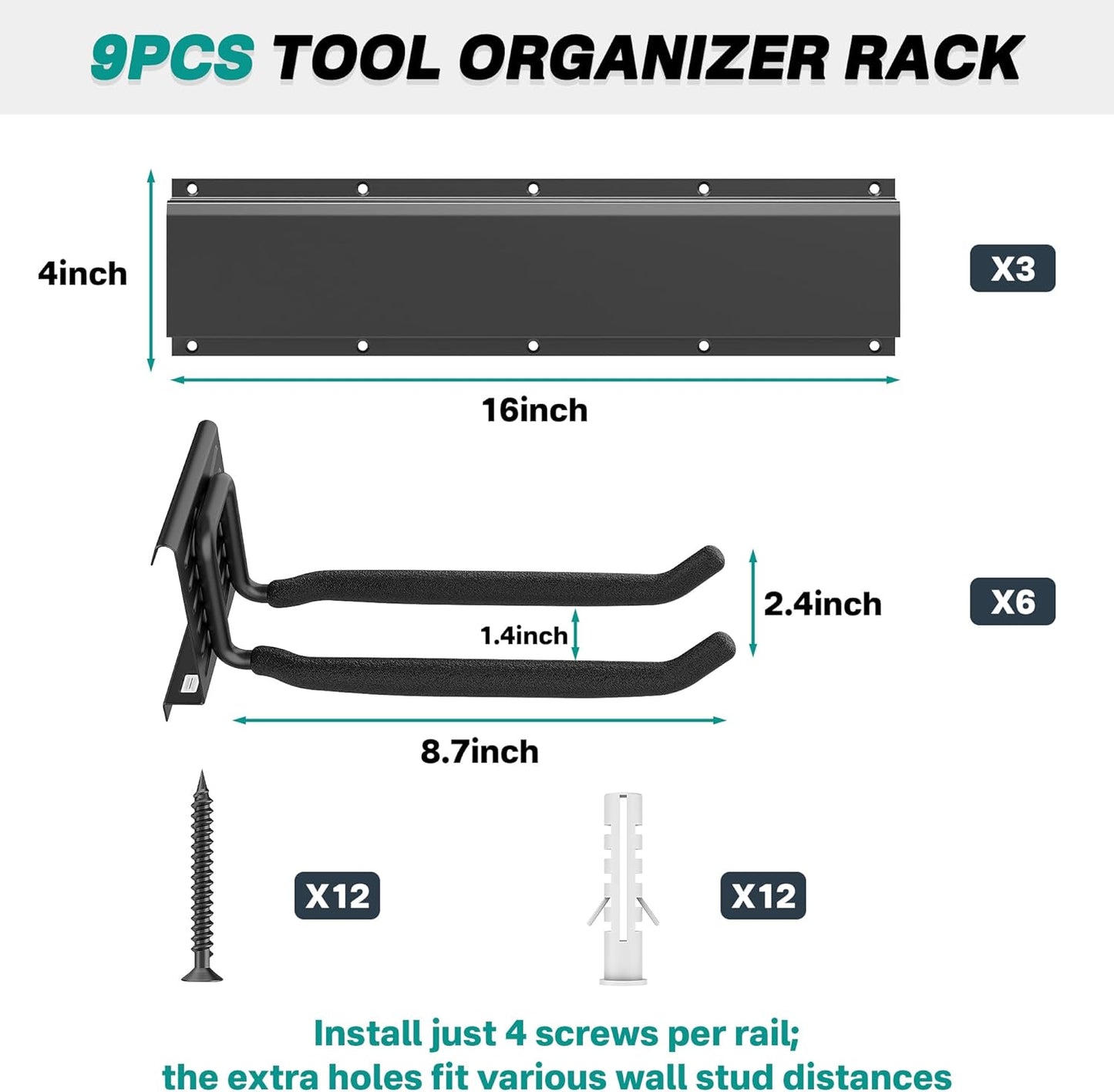 EVERHANGER Garage Tool Storage Organizer, Wall Mount Garden Tool Rack Organization, Heavy Duty Folding Chair Hangers with 6 Adjustable Hooks, Max Load 450lb, 48inch