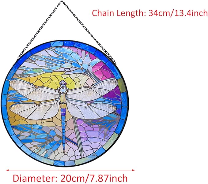 Hanging Stained Glass for Windows,20cm/7.87inch Dragonfly Hand-Painted Sun Catcher Garden Hangings Christmas Mother's Day, Valentine's Day Ornaments Festival Gift (B Style)